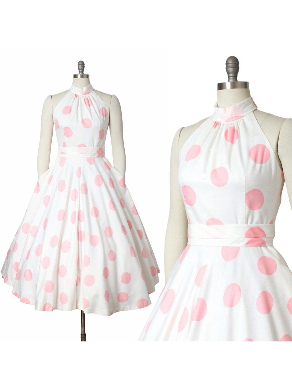 Vintage 1980s Sundress 80s LANZ Pink Polka Dot Cotton White Circle Skirt Tea Day